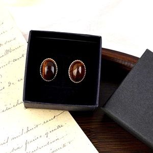Tiger Eye Earrings Gold Plated Oval Earrings 925 Sterling Silver Stud Earrings